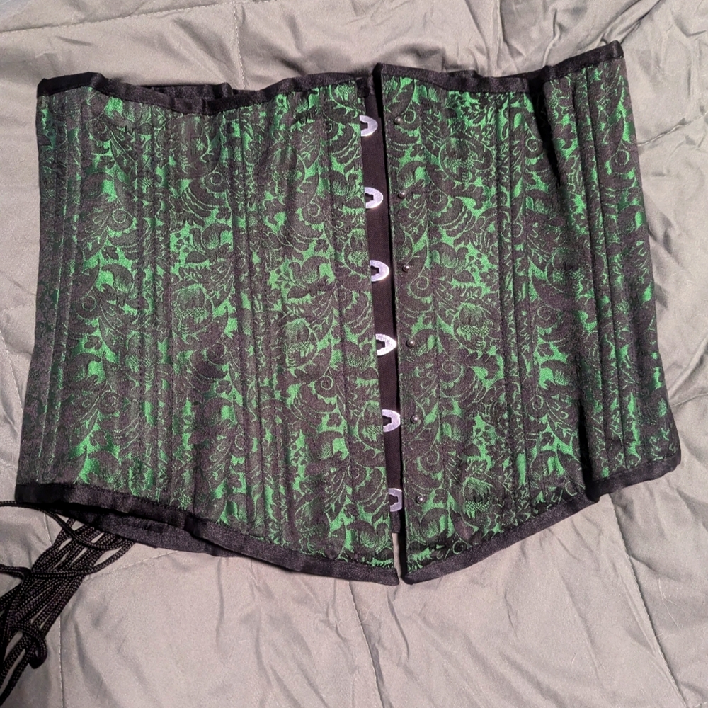 Corset Story underbust longline corset steel boning - green and black brocade